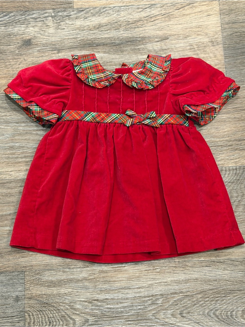 Red Velvet Girls' Holiday Dress with Tartan Trim